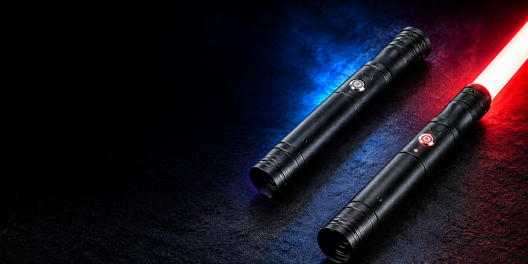 Two black Alpha saber hilts on dark stone, one ignited with a red blade, lit from the sides in blue and red