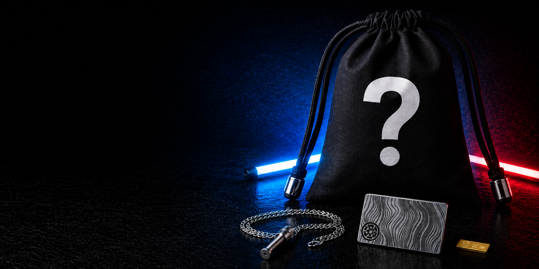 Black mystery accessory pouch marked with a question mark, with a saber pendant necklace, engraved metal card and gold bar
