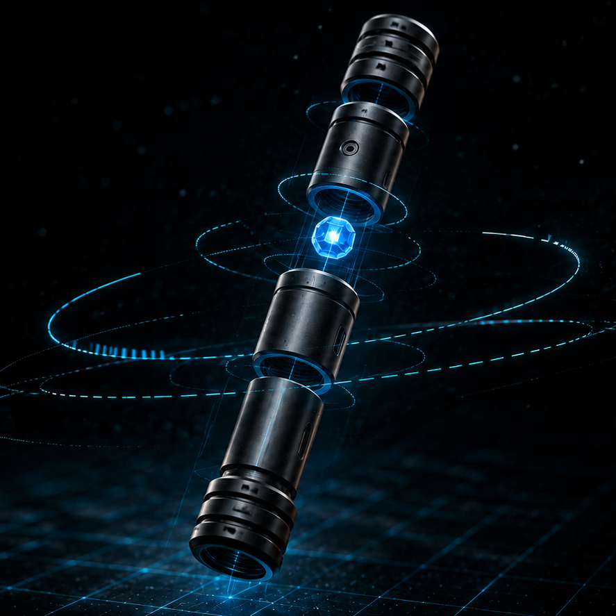 Black saber hilt floating apart in sections around a glowing blue crystal, ringed by holographic blue orbits