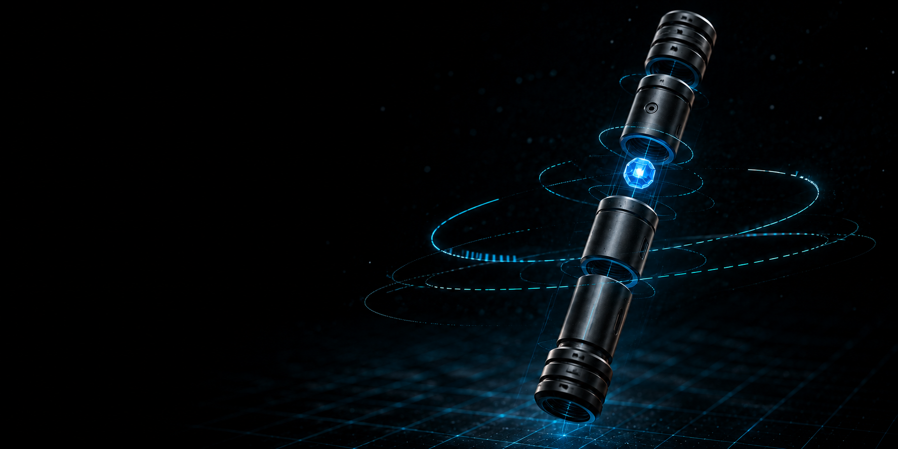 Black saber hilt floating apart in sections around a glowing blue crystal, ringed by holographic blue orbits