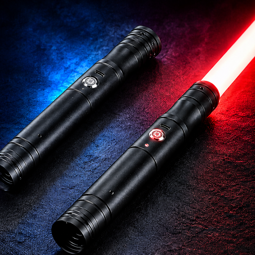 Two black Alpha saber hilts on dark stone, one ignited with a red blade, lit from the sides in blue and red