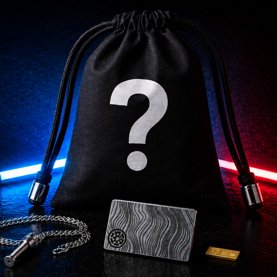 Black mystery accessory pouch marked with a question mark, with a saber pendant necklace, engraved metal card and gold bar